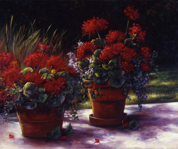 Red Poster featuring the painting Red Geranium Pots by Lynne Pittard