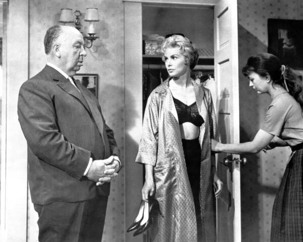 #alfred_hitchcock Poster featuring the photograph Alfred Hitchcock Talking To Janet Leigh During Film Scene by Globe Photos