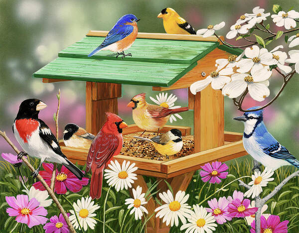 Birds Poster featuring the painting Backyard Birds Spring Feast by William Vanderdasson