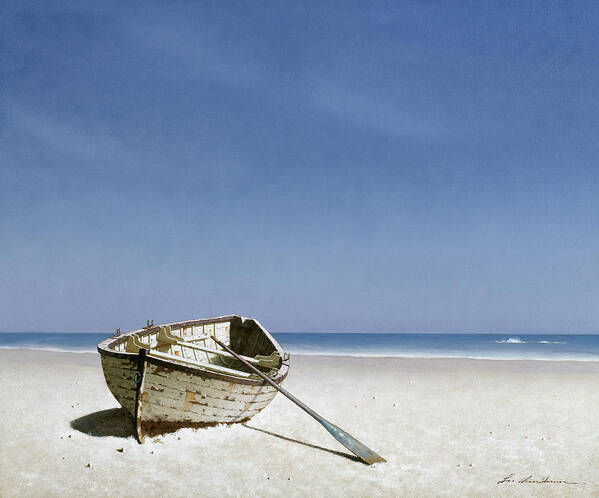 White Row Boat And Oar On White Beach Poster featuring the painting Beached Boat 2 by Zhen-huan Lu