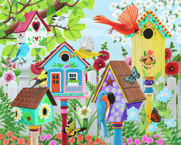 Birdhouse Garden Poster featuring the painting Birdhouse Garden by Kathy Kehoe Bambeck