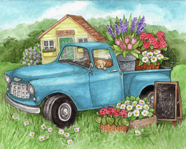 Blue Truck Flowers Hello Spring Poster featuring the painting Blue Truck Flowers Hello Spring by Melinda Hipsher