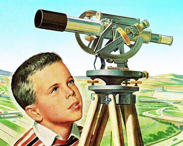 Boy Poster featuring the drawing Boy and Telescope by CSA Images