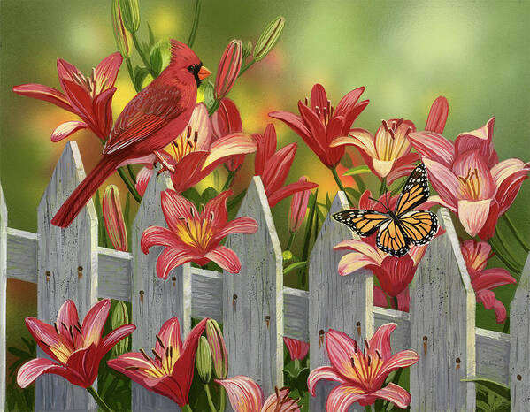 Bird Poster featuring the painting Cardinal And Lilies by William Vanderdasson