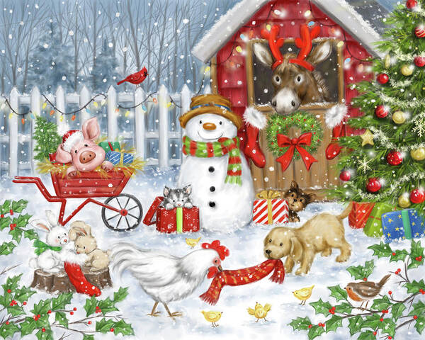 Christmas Farm Animals Poster featuring the mixed media Christmas Farm Animals by Makiko