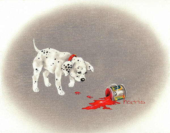 A Dalmation Puppy With A Bucket Of Spilled Red Paint. There Are Two Red Paw Prints Next To The Paint And The Puppy Is Looking At It. Poster featuring the painting Dalmation 6- Caught Red Pawed by Peggy Harris