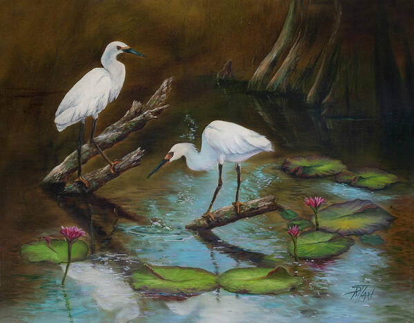 Egrets Poster featuring the painting Two Egrets--Missed Again by Lynne Pittard