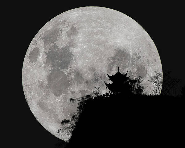 Moon Poster featuring the photograph Full Moon Behind Clifftop Gazebo in Chengdu China by William Dickman