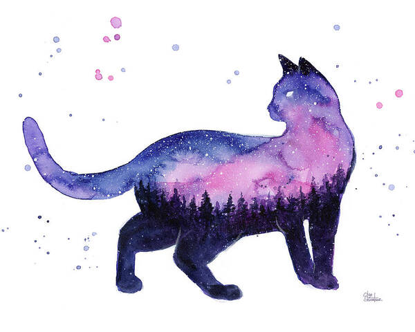 Nebula Poster featuring the painting Galaxy Forest Cat by Olga Shvartsur