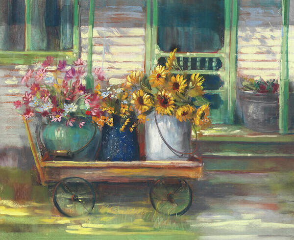 Buckets Poster featuring the painting Garden Wagon Crop by Carol Rowan