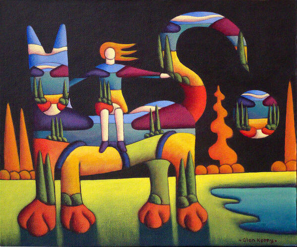 Cat Poster featuring the painting Girl on cat in landscape by Alan Kenny