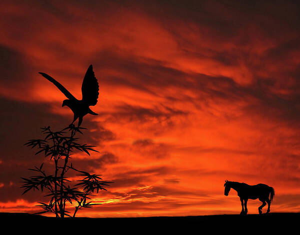 Heading Home Poster featuring the mixed media Heading Home Horse Eagle Sunset Silhouette Series  by David Dehner