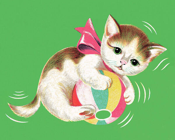 Animal Poster featuring the drawing Kitten Playing with a Ball by CSA Images