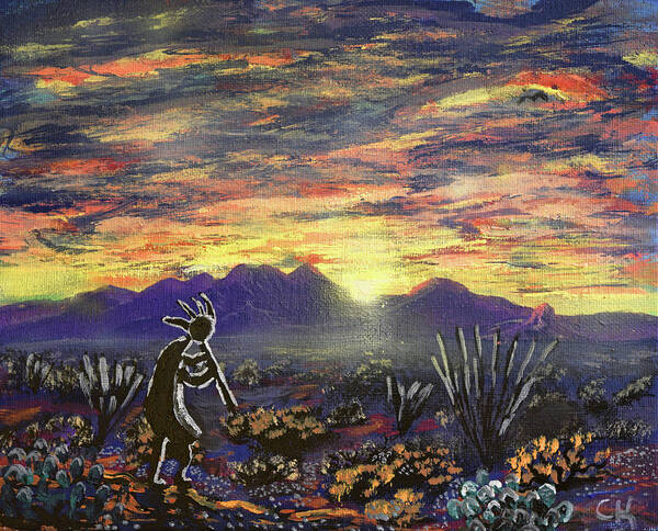 Kokopelli Poster featuring the painting Kokopelli and an Arizona Sunrise over the Santa Rita Mountains by Chance Kafka