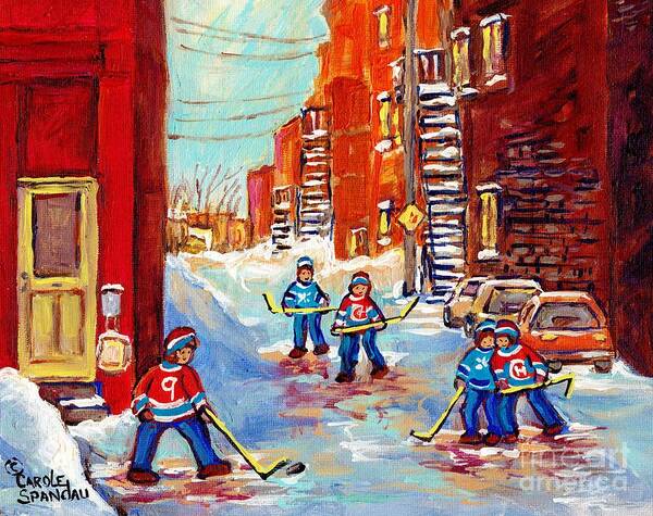 Montreal Poster featuring the painting Laneway Hockey Game Off 4th Ave Verdun Winter Staircase Snow Scene C Spandau Southwest Montreal Art by Carole Spandau