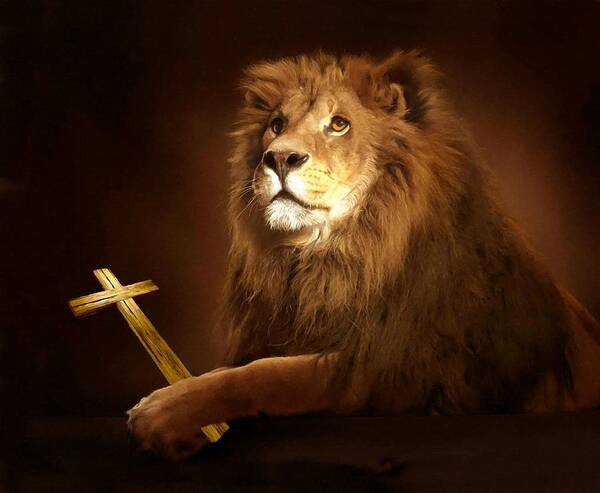 Jesus Poster featuring the mixed media Lion Of Judah With Cross by Sandi OReilly