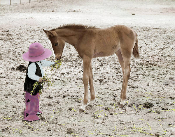 Child In Western Wear Feeding A Pony. Poster featuring the photograph M777-06 by Nora Hernandez