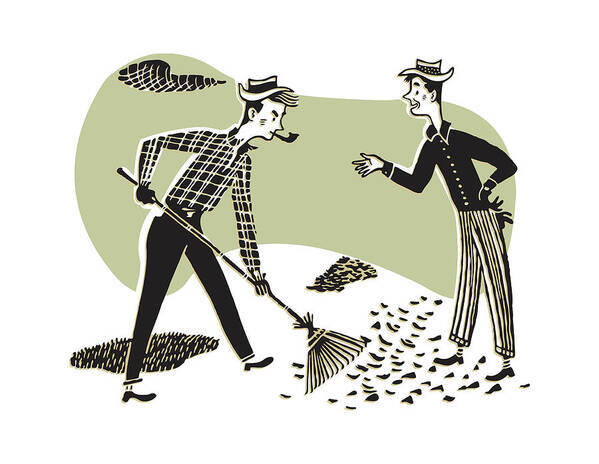 Accessories Poster featuring the drawing Man Raking Leaves While Another Man Talks by CSA Images
