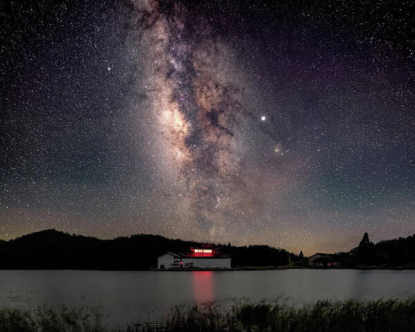 Milky Way Poster featuring the photograph Milky Way over the TianPing Mountain Lake Temple by William Dickman