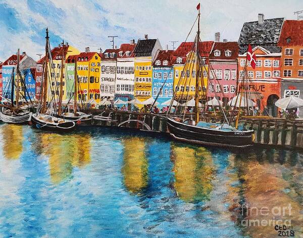 Blue Poster featuring the painting Nyhavn, Copenhagen, Denmark by C E Dill