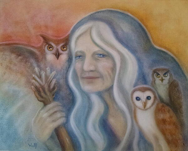 Goddess Poster featuring the painting Owl Crone by Bernadette Wulf