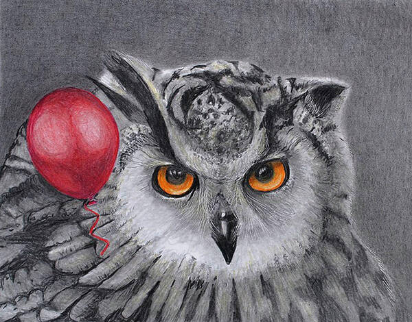 Balloon Poster featuring the drawing Owl With The Red Balloon by Tim Ernst