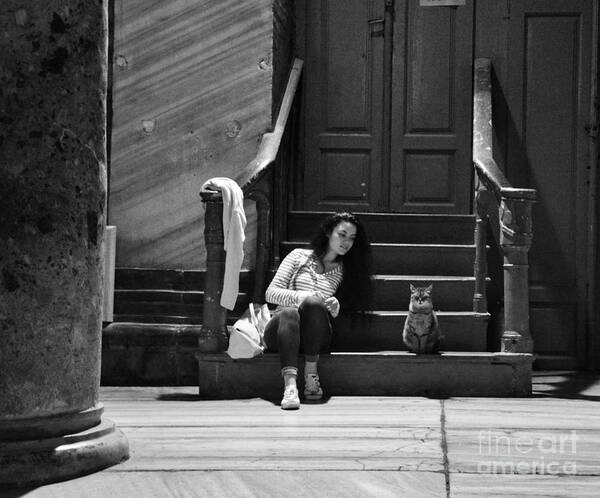 Girl And Cat Poster featuring the photograph Small talk between girl and cat - Black and white by Yavor Mihaylov