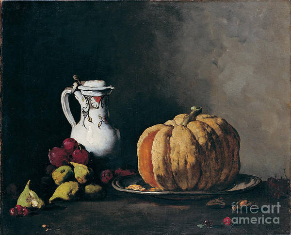 Oil Painting Poster featuring the drawing Still Life With Pumpkin, Plums by Heritage Images