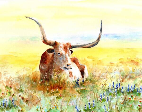 Longhorn Poster featuring the painting Texas Longhorn, Bluebonnets and Sunshine by Carlin Blahnik CarlinArtWatercolor