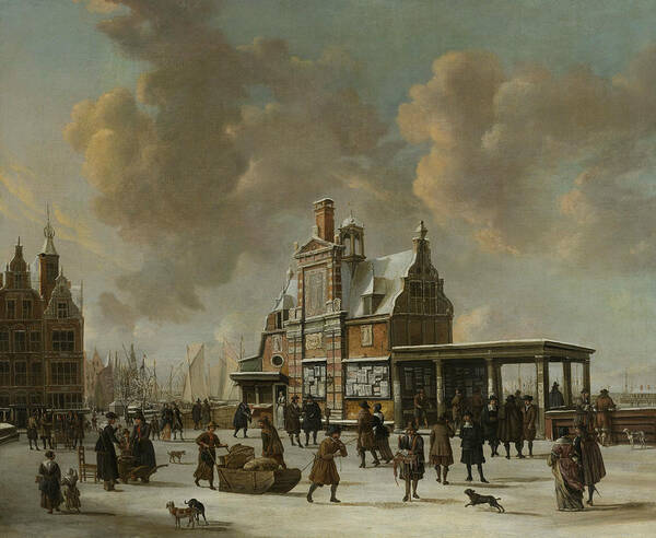 17th Century Art Poster featuring the painting The Paalhuis and the Nieuwe Brug in Amsterdam during Wintertime by Jan Abrahamsz Beerstraaten