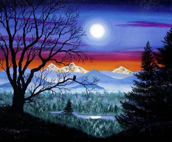 Oregon Poster featuring the painting Three Sisters Overlooking a Moonlit River by Laura Iverson