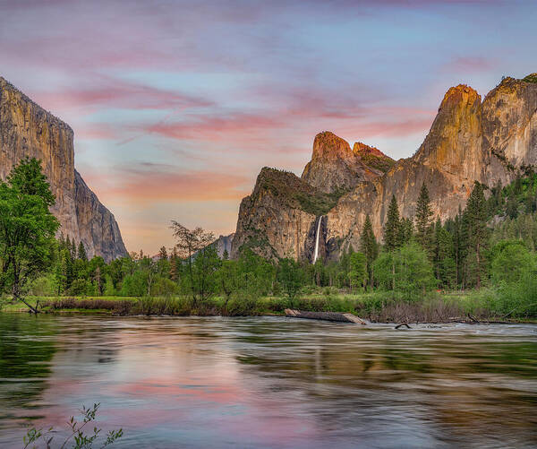 Blue Sky Poster featuring the photograph Twilight On Bridalveil Falls by Tim Fitzharris