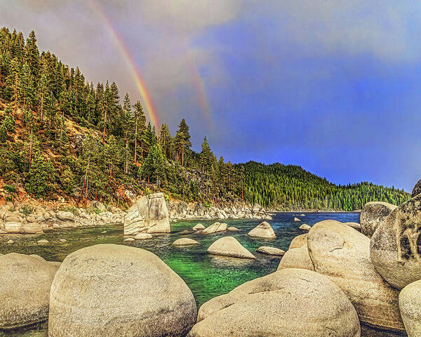 Rainbow Poster featuring the photograph Boulder Bay Rainbows, Lake Tahoe, Nevada #1 by Don Schimmel