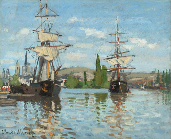 Claude Monet Poster featuring the painting Ships Riding on the Seine at Rouen by Claude Monet by Mango Art