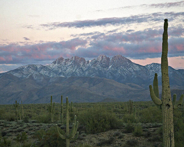 Mountains Poster featuring the photograph Four Peaks Sunset Snow by Matalyn Gardner