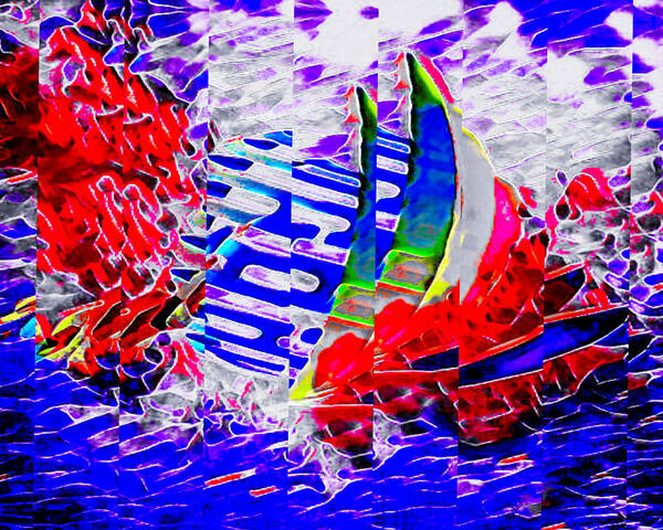 Abstract Poster featuring the digital art Abstract ocean squall sailing boat by Silver Pixie
