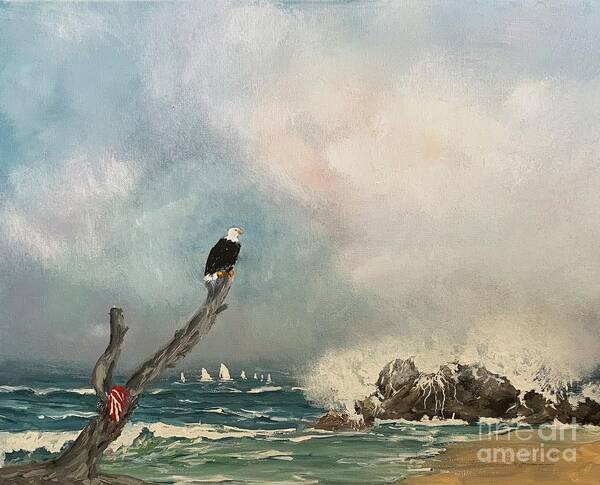 American Eagle Beach Ocean Water Wave Sky Rocks American Flag Miroslaw Chelchowski Acrylic On Canvas Painting Print Blue Clouds Sailing American Land Poster featuring the painting American Eagle by Miroslaw Chelchowski
