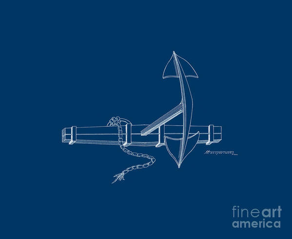 Sailing Vessels Poster featuring the drawing Anchor with wooden stock - blueprint by Panagiotis Mastrantonis