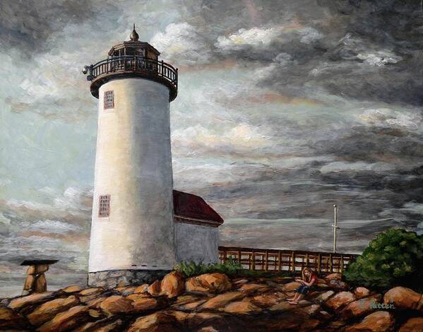 Lighthouse Poster featuring the painting Annisquam Storm clouds by Eileen Patten Oliver