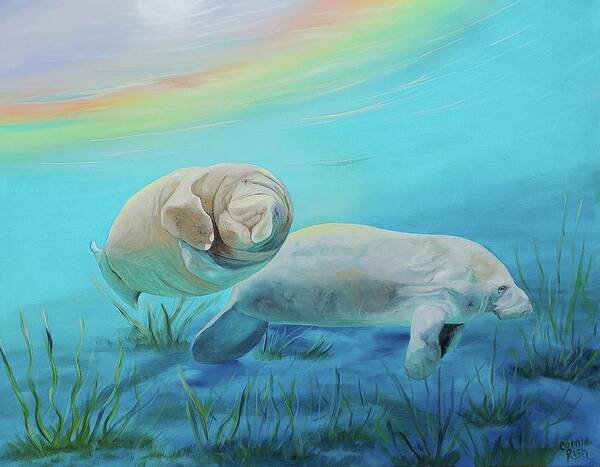 Baby Manatee Poster featuring the painting Baby in Tow by Connie Rish