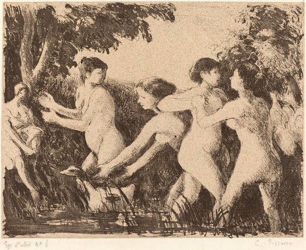 Camille Pissarro Poster featuring the drawing Bathers Wrestling 2 by Camille Pissarro