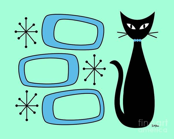 Mid Century Cat Poster featuring the digital art Black Cat with Mod Oblongs Aqua by Donna Mibus
