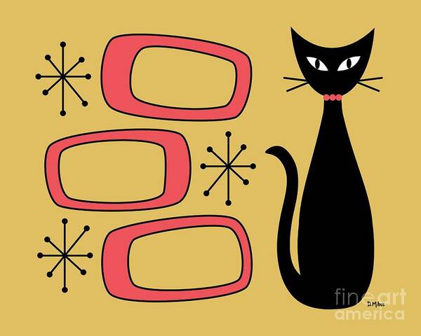 Mid Century Cat Poster featuring the digital art Black Cat with Mod Oblongs Yellow by Donna Mibus