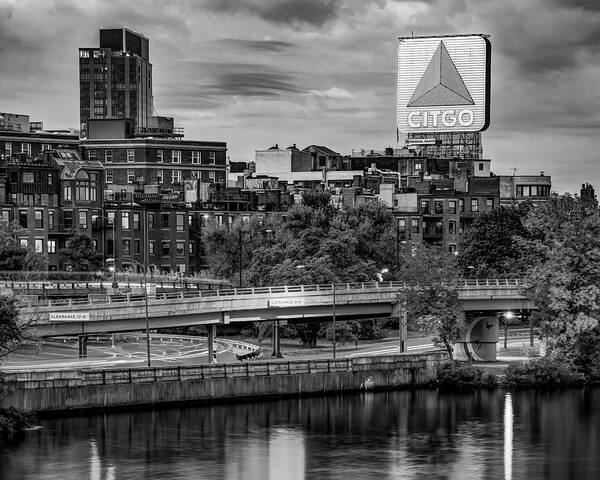 Citgo Sign Poster featuring the photograph Boston Fenway Citgo Sign Along The Charles River - Black and White by Gregory Ballos