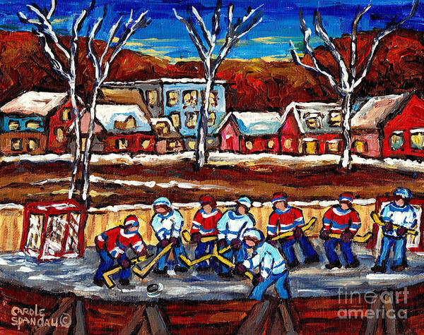 Hockey Poster featuring the painting Canadian Village Scene Outdoor Hockey Rink Handpainted Original Art For Sale C Spandau Winter Scenes by Carole Spandau