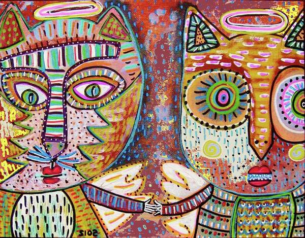  Poster featuring the painting Cat And Owl Angel Friends by Sandra Silberzweig