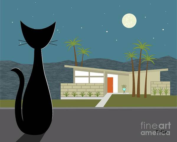 Cat Poster featuring the digital art Cat Looking at Mid Century Modern House by Donna Mibus
