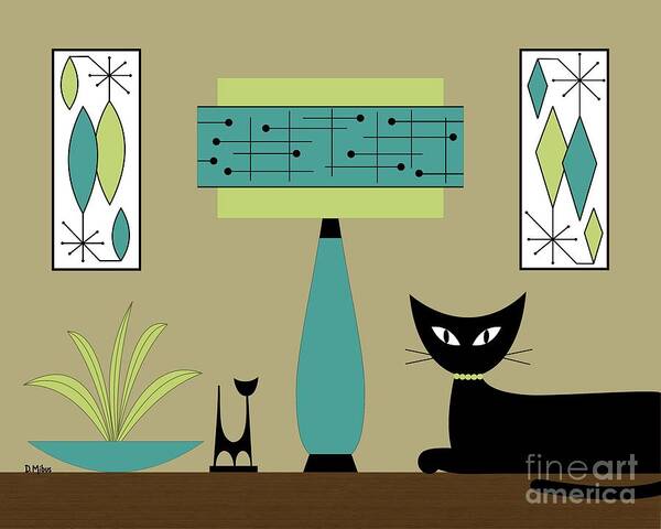 Mid Century Modern Poster featuring the digital art Cat on Tabletop with Lamp in Teal by Donna Mibus