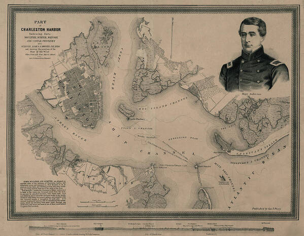 Cartographic Poster featuring the drawing Charleston Harbor embracing forts Moultrie Sumter Johnson and Castle Pinckney 1861 by Vintage Maps