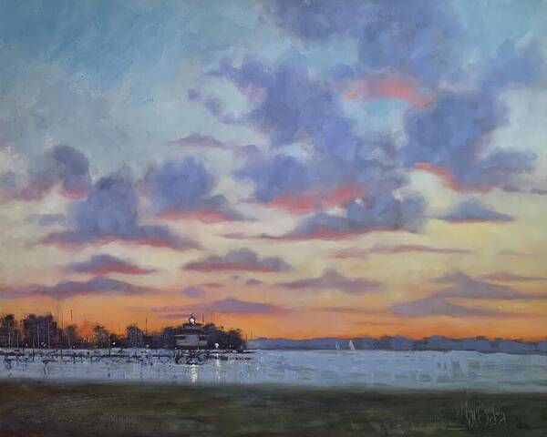 Sunset Poster featuring the painting Choptank Light Sunset by Maggii Sarfaty